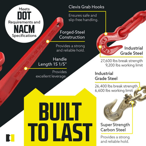 Heavy-Duty Ratcheting Chain Binder Kit Fits 3/8 To 1/2 Inch Grade 70 Chain 20 Foot Length Load Binder Set 6,600 Lb WLL Industrial Towing And Hauling showcasing handle length and hook details with 'Built to Last' text.