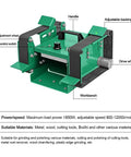 Compact 1850W Bench Grinder Belt Sander With Adjustable Speed Up To 12000 RpM For Knife Making And Metal Or Wood Working, showing features like drive wheel and elastic adjustment.