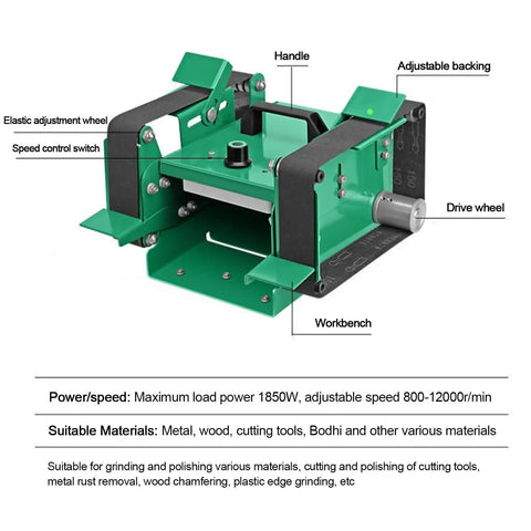 Compact 1850W Bench Grinder Belt Sander With Adjustable Speed Up To 12000 RpM For Knife Making And Metal Or Wood Working, showing features like drive wheel and elastic adjustment.