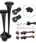 Badass 12V Dual Trumpet Air Horn Kit Includes Two Mini Compressors And Durable Hoses Ultra Loud Train Tone Warning System components arranged.