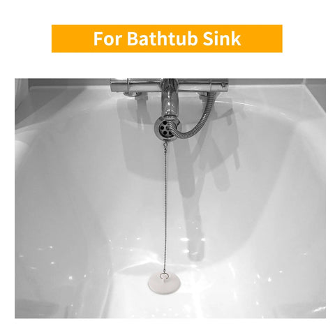 Heavy Duty Rubber Tub Stopper With Fifteen Inch Stainless Steel Beaded Chain Fits 1.5 To 2 Inch Drains Locks Securely In Place Like A Champ Every Single Time in a bathtub sink.