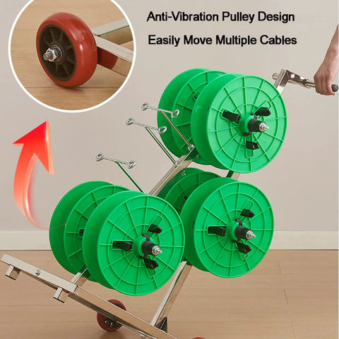 Heavy Duty Wire Spool Rack On Wheels with green spools and anti-vibration pulley design, durable mobile cable management for cords and wires.
