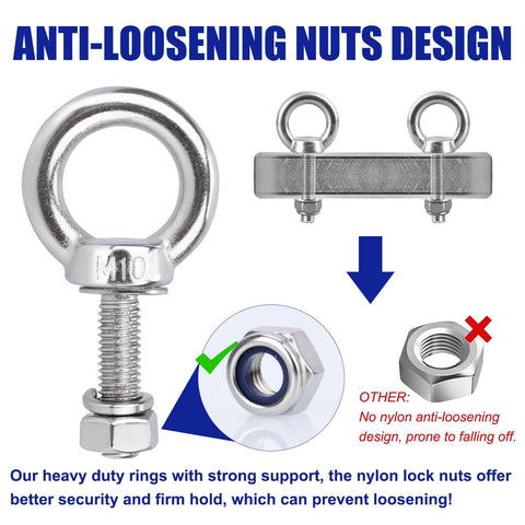 Set Of 8 M10 Eye Bolts With Nuts And Washers, 304 Stainless Steel Built Tough Heavy Duty Lifting Rings, Shoulder Style Eye Bolts