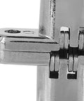 Close-up of Hidden Concealed 180 Degree Zinc Alloy Door Hinge For Kitchen Cabinets Invisible Cross Style Bearing, silver finish.
