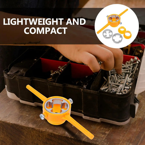Ditch That Rusty Pipe Job! Get The Ultimate Two Piece Manual PVC Threader Set With Tap Die And Stainless Wrench, showing compact orange threader.