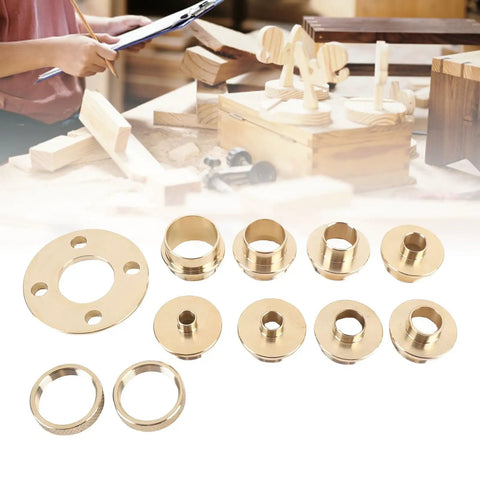 Badass Brass Router Guide Kit With 11 Piece Template Bushing Set For Precision Woodworking, featuring brass bushings on a workspace.