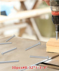Rock Solid Zinc Plated Steel Machine Screws 8 32 X 1 75 Inch Truss Head Fasteners For Cabinet Knob And Pull Drawer Hardware Hella Durable 30 Piece Kit Built To Last with drill and wood background.