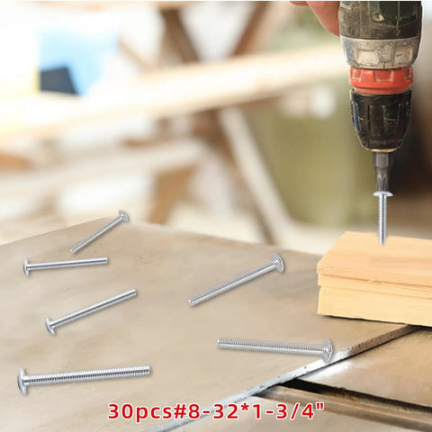 Rock Solid Zinc Plated Steel Machine Screws 8 32 X 1 75 Inch Truss Head Fasteners For Cabinet Knob And Pull Drawer Hardware Hella Durable 30 Piece Kit Built To Last with drill and wood background.