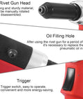 Heavy Duty Air Rivet Gun Kit showing rivet gun head, oil filling hole, and trigger for auto construction metalwork