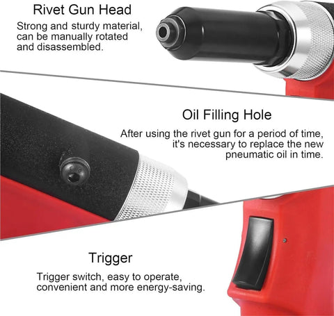 Heavy Duty Air Rivet Gun Kit showing rivet gun head, oil filling hole, and trigger for auto construction metalwork