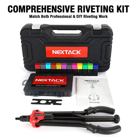 16 Inch Semi Automatic Rivet Nut Tool Kit With Quick Swap Mandrels And Sleek Portable Case, including hand tool and inserts for automotive trim.