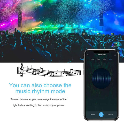 Image showing Color Changing E12 Smart LED Bulbs with WiFi and Bluetooth app interface and vibrant concert lights.