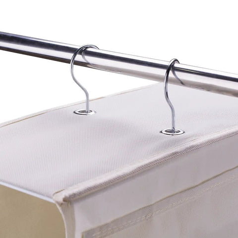 Hooks on Hanging Purse Organizer With 10 Pockets Grab And Go Nonwoven Closet Storage Bag attached to metal rod