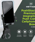 PushStack Premium Magnetic Push Cart Cellphone Base holding a smartphone, part of the Magnetic Phone Holder For Golf Push Cart With Rangefinder Strap, MagStack Microfiber Towel, Club Brush And Tile, Universal Fit For Most Phones, All In One PushStack Pro Pack For On Course Convenience.