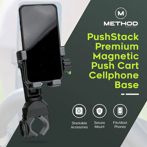 PushStack Premium Magnetic Push Cart Cellphone Base holding a smartphone, part of the Magnetic Phone Holder For Golf Push Cart With Rangefinder Strap, MagStack Microfiber Towel, Club Brush And Tile, Universal Fit For Most Phones, All In One PushStack Pro Pack For On Course Convenience.