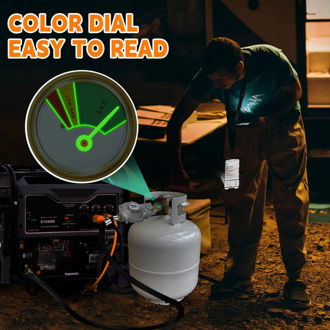 GasSaf 5ft two-stage propane regulator with hose and gauge and POL fitting, front view beside propane tank and generator