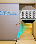 Sliding door with magnified view of Four Pack Barn Door Floor Guide Bearings With Adjustable Bottom Rollers, showing ball bearings.