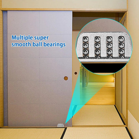 Sliding door with magnified view of Four Pack Barn Door Floor Guide Bearings With Adjustable Bottom Rollers, showing ball bearings.