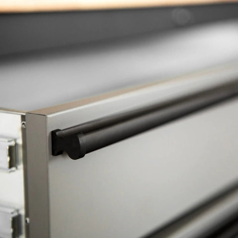 Close-up of the handle on a Heavy Duty Steel Rolling Tool Chest With Fourteen Deep Full Extension Drawers And Massive Mega Top Tray.