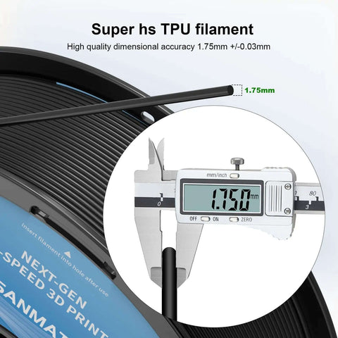 Black 1.75mm TPU Filament 95A 1Kg For FDM 3D Printers with precise 1.75mm measurement, high-speed flexible filament spool