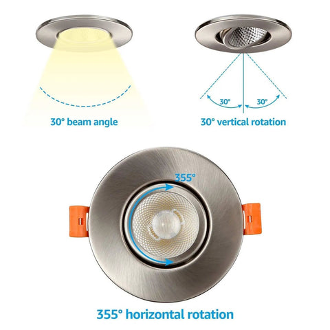 3 Inch Gimbal LED Recessed Lights With J-Box, 7W, Dimmable, CRI 90 Plus, rotation illustration, satin nickel