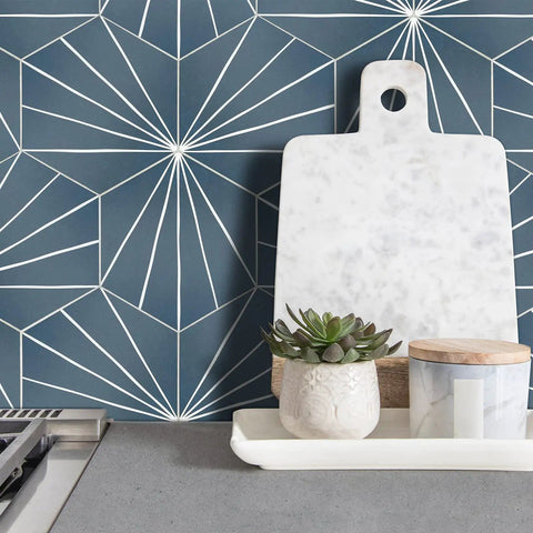 Blue Art Deco Hexagon Flower Peel And Stick Backsplash Tile Set for Kitchen and Bathroom with modern decor