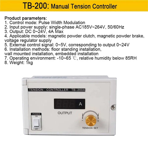 Front view of TB-200 Manual Tension Controller showing power switch and tension set dial.