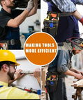 Rugged Tool Pouch With Belt For Electricians Mechanics And Carpenters, Thickened Wear Resistant Oxford Cloth, 12 Storage Pockets in use.