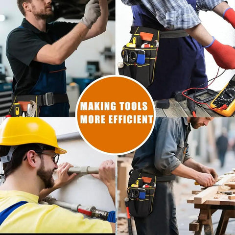 Rugged Tool Pouch With Belt For Electricians Mechanics And Carpenters, Thickened Wear Resistant Oxford Cloth, 12 Storage Pockets in use.