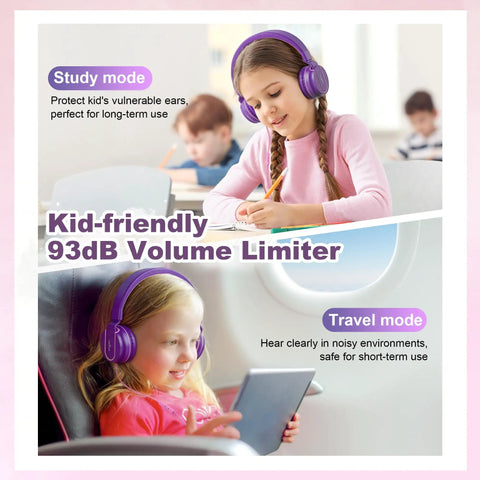 On Ear Kids Headphones With Microphone, Wired, 93dB Volume Limited, Foldable Lightweight Headphones For School Learning And Entertainment, Pink Purple in use by children studying and traveling.