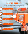 Person holding orange stud welder showing 5 welding modes on panel, Stud Welder Dent Repair Kit For Auto Body Fixes, 800W.