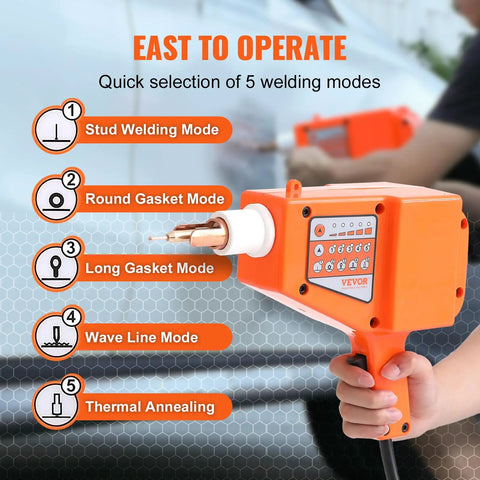 Person holding orange stud welder showing 5 welding modes on panel, Stud Welder Dent Repair Kit For Auto Body Fixes, 800W.