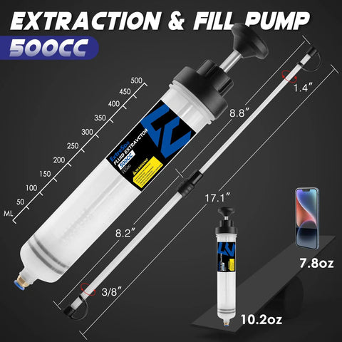 500cc Fluid Extractor And Syringe Pump For Cars Boats Engines And Lawn Mowers, Oil Transmission Coolant Power Steering Brake Fluid Transfer