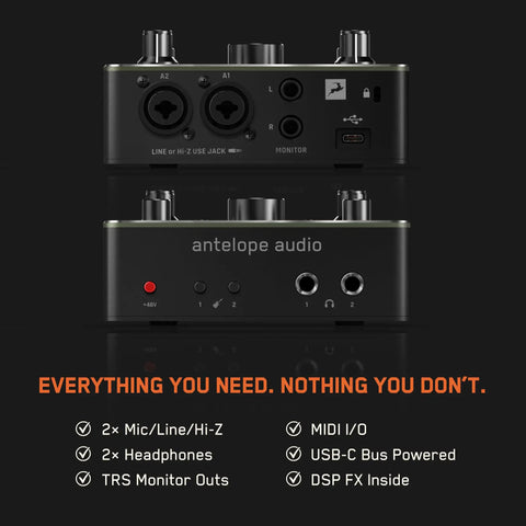 Rear view of Zenith 2 USB C Audio Interface For Guitar, Vocals, Streaming And Podcasting, showing inputs and outputs.