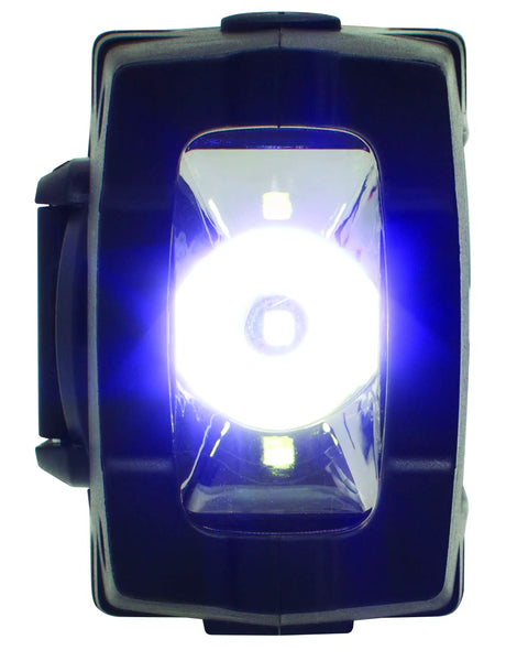 Close-up of LED flashlight on Rugged Multipowered Portable Emergency Weather Radio And Flashlight With Hand Crank Solar Power USB.