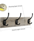 Wall Mounted Coat Rack With Pine Wood Three Hook Rail Vintage Rustic Entryway Organizer for Hallway Mudroom Bathroom or Bedroom Built Tough Zinc Die Cast Hooks Space Saving and Stylish with mounting dimensions shown.