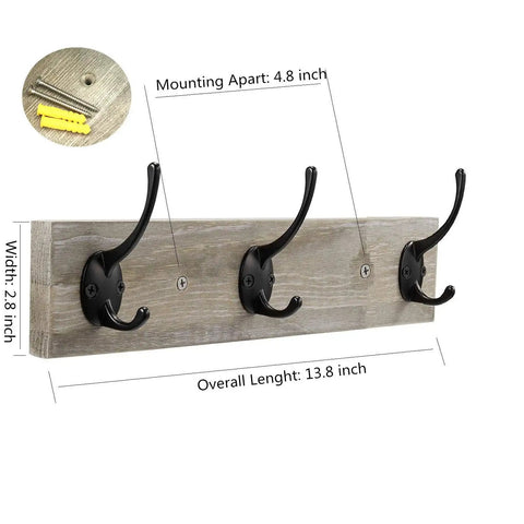 Wall Mounted Coat Rack With Pine Wood Three Hook Rail Vintage Rustic Entryway Organizer for Hallway Mudroom Bathroom or Bedroom Built Tough Zinc Die Cast Hooks Space Saving and Stylish with mounting dimensions shown.