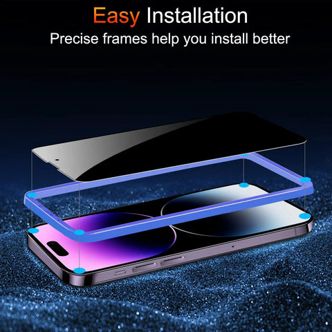 Peep Proof Privacy Screen Protector For iPhone 14 Pro Max 3 Pack With 25 Degree Anti Spy Shield showing easy installation process.