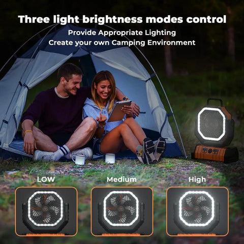Camping Fan With 20000mAh Battery And LED Lantern beside tent, showcasing brightness modes, ideal for camping trips.