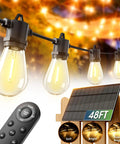 54 Foot Solar String Lights Outdoor Waterproof With Usb Charging And Remote Control Dimmable Patio Lights shown with solar panel and remote control.