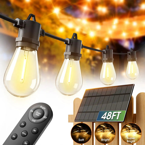 54 Foot Solar String Lights Outdoor Waterproof With Usb Charging And Remote Control Dimmable Patio Lights shown with solar panel and remote control.