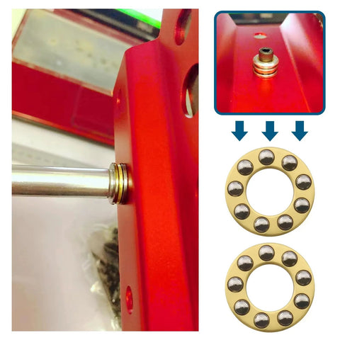 Thrust ball bearing set, 8pcs, 8x16x5mm, chrome steel; collage showing installed bearing on red frame and close-up of bearings