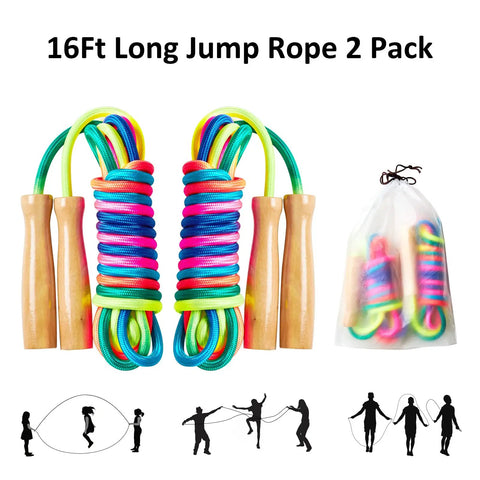 Rainbow Double Dutch Jump Rope Set Two Pack 16 Foot Long Jump Rope For Kids And Adults With Wooden Handles Durable Tangle Free