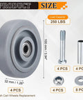 Heavy Duty Beefed Up 4 Inch Push Cart Wheel Set With Rubber Plate Casters And Bearings Repair Kit with parts and dimensions