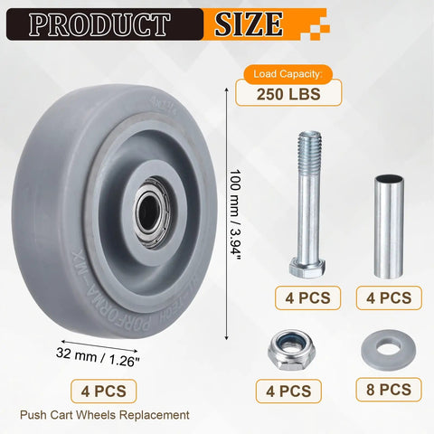 Heavy Duty Beefed Up 4 Inch Push Cart Wheel Set With Rubber Plate Casters And Bearings Repair Kit with parts and dimensions