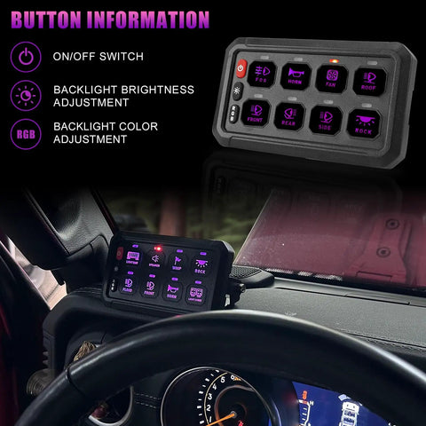 Interior view showing 8 Gang Switch Panel With Wireless Remote And RGB Backlit Multifunction Toggle mounted in vehicle.