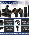 Seven Piece Horse Hair Vacuum Attachment Set With Round Dusting Brush Attachments And Adapters For Most Vacs Includes One And A Quarter Inch Vacuum Hose Adapters For Easy Swaps And Deep Cleaning on display.