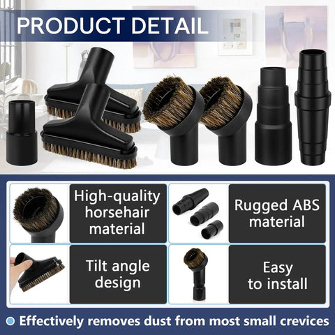Seven Piece Horse Hair Vacuum Attachment Set With Round Dusting Brush Attachments And Adapters For Most Vacs Includes One And A Quarter Inch Vacuum Hose Adapters For Easy Swaps And Deep Cleaning on display.