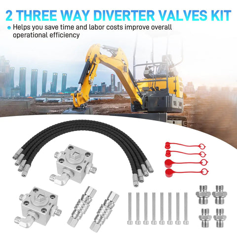 3 Way Hydraulic Diverter Valves Kit For 1-2 Ton Mini Excavator With Quick Connects, hoses, adapters, and hydraulic parts.