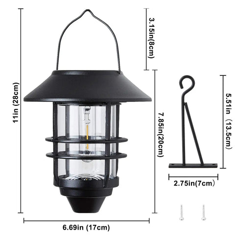 Dimensions of Outdoor Solar Lanterns With Hanging And Wall Mount Kit, real glass panels, durable metal, shown with mounting hardware.